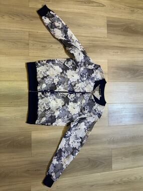 Mood Sheer Floral Bomber Jacket Navy Blue White Chiffon Full Zip Size Medium